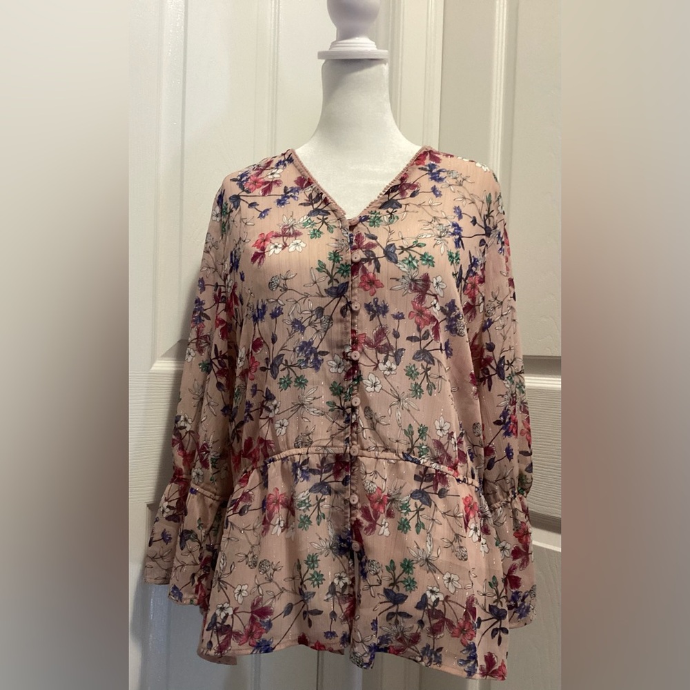 Liz Claiborne Pink Floral Metallic Sparkle 3/4 Bell Sleeve Blouse Size Md